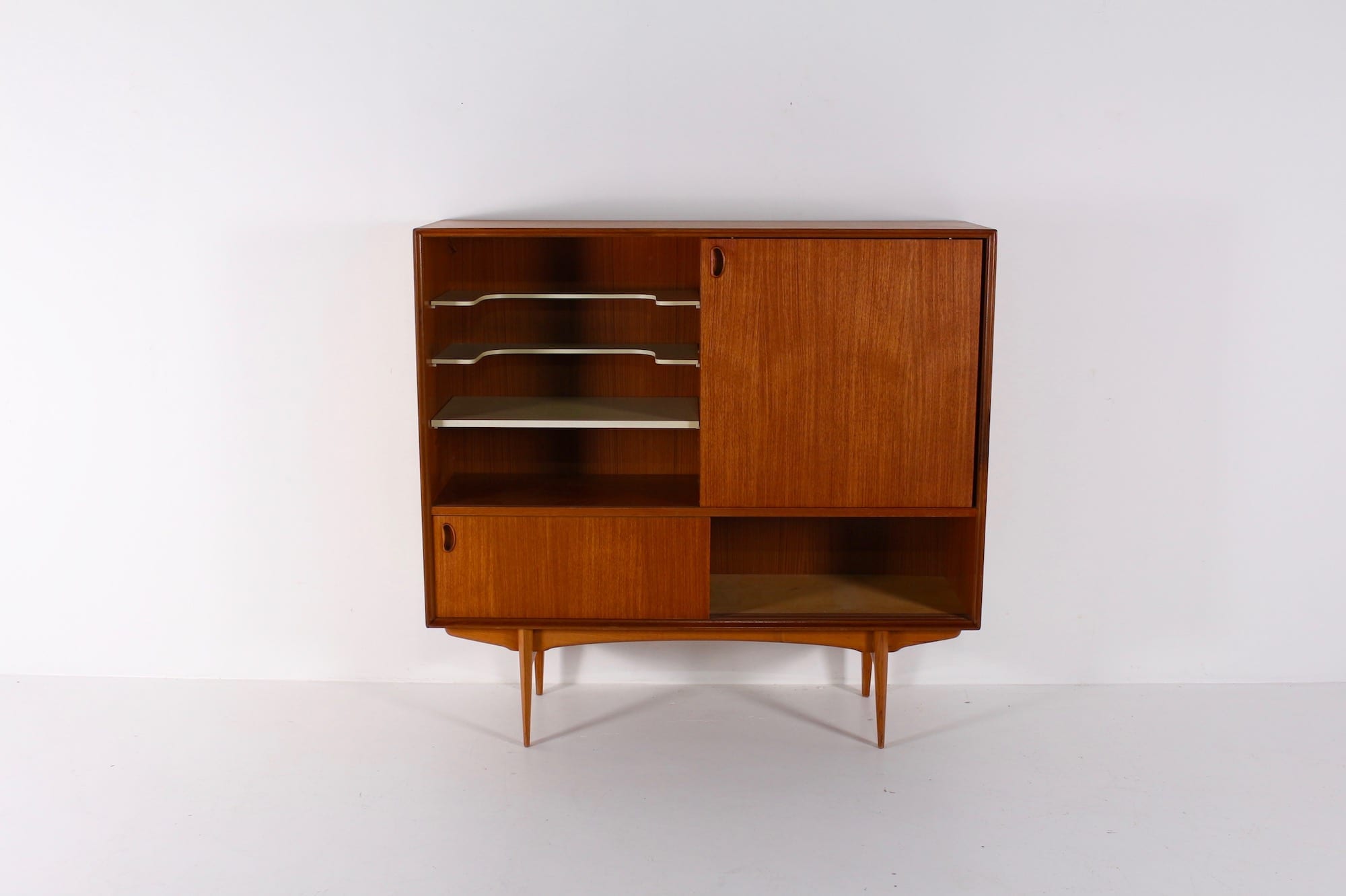 Vintage tall teak bar cabinet, door open
