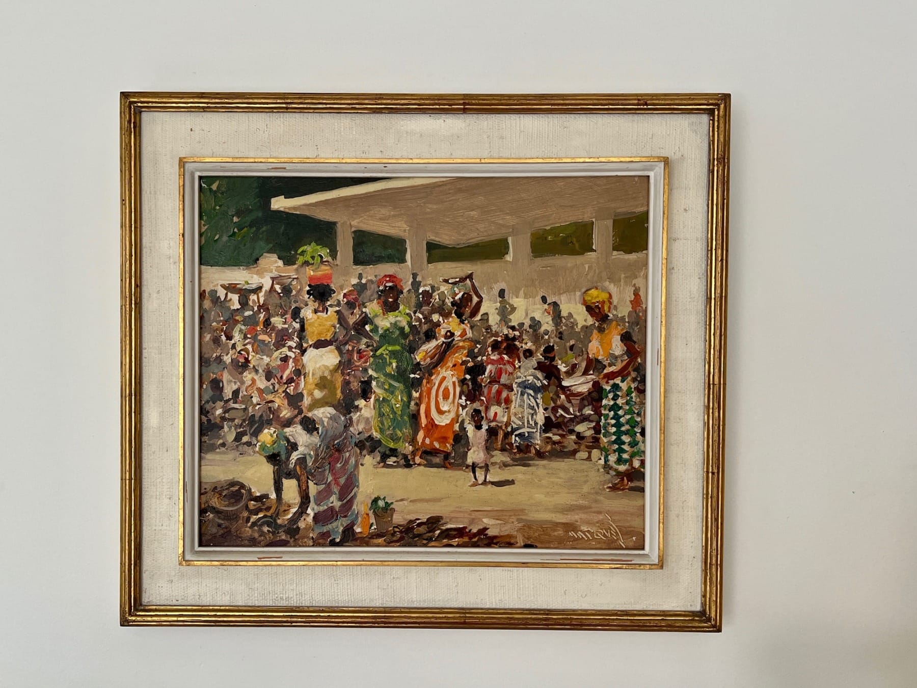 peinture à l'huile de Guilherme d'Oliveira-Marques représentant une scène de marché encadrée