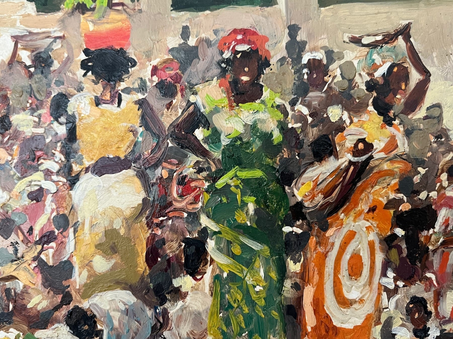 peinture à l'huile de Guilherme d'Oliveira-Marques représentant une scène de marchédétail de plusieurs personnage peints.