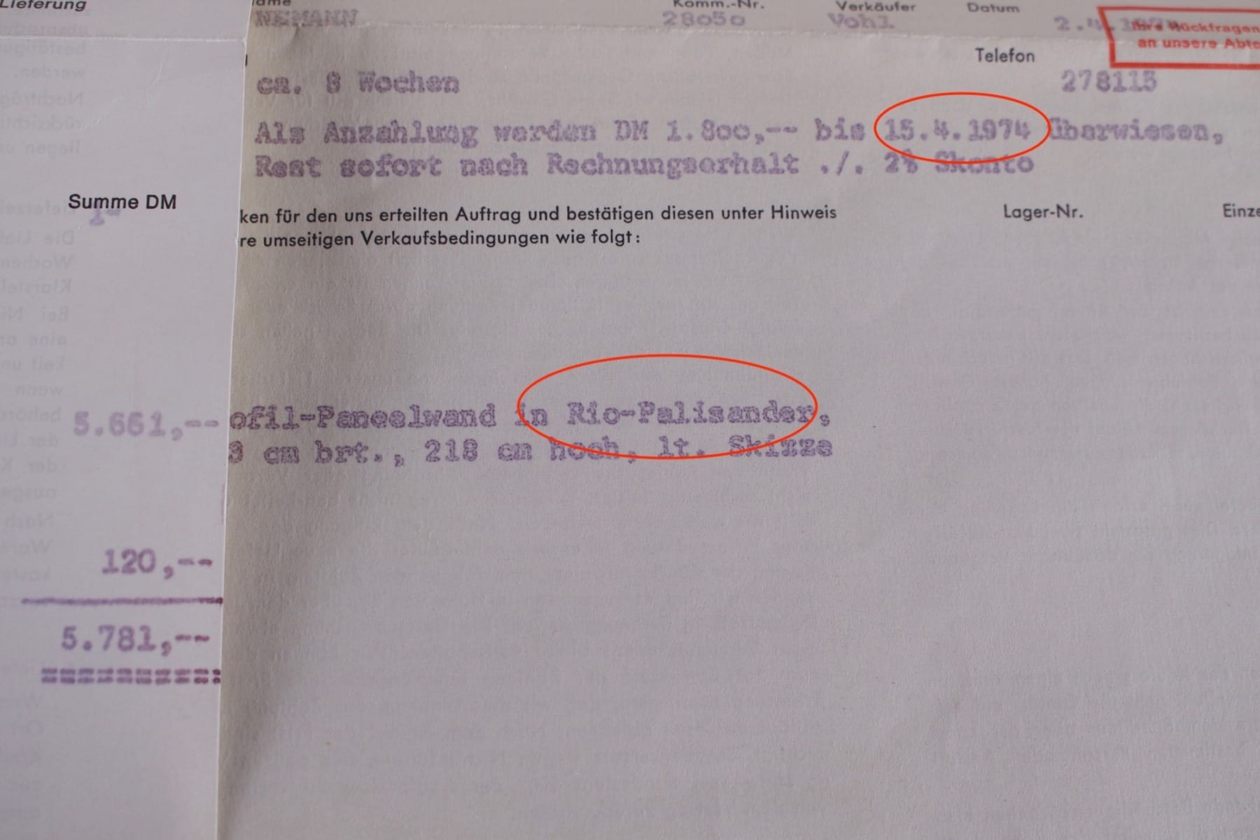 La facture originale de l'étagère Idee Möbel, datée de 1974