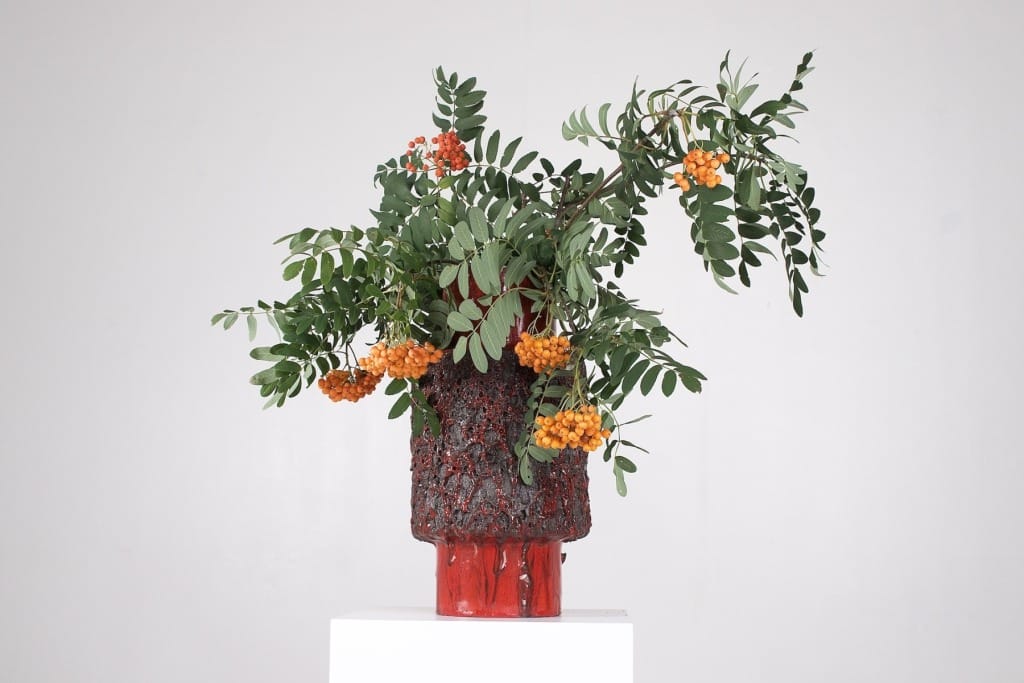 Red and black Fat Lava vase Otto Keramik Germany 1970s with natural flower bouquet