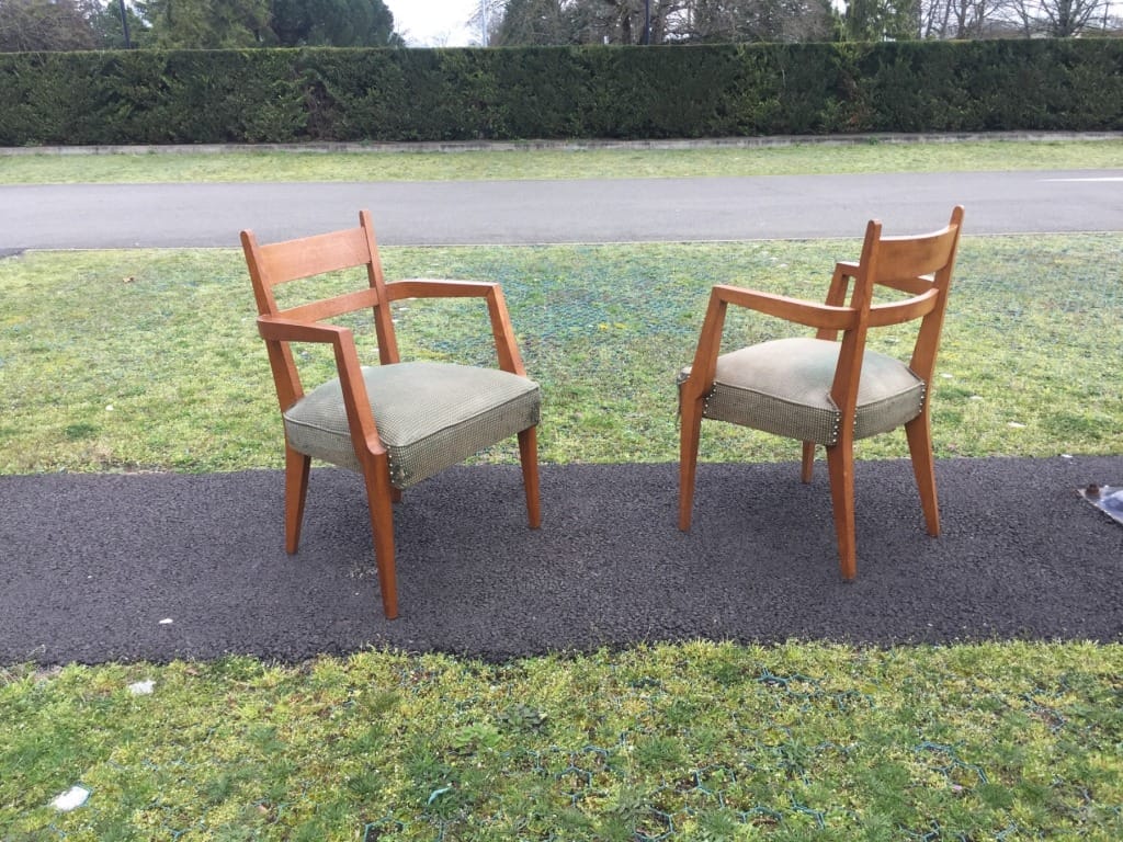 Fauteuils chêne René Jean Caillette avec ancien tissu