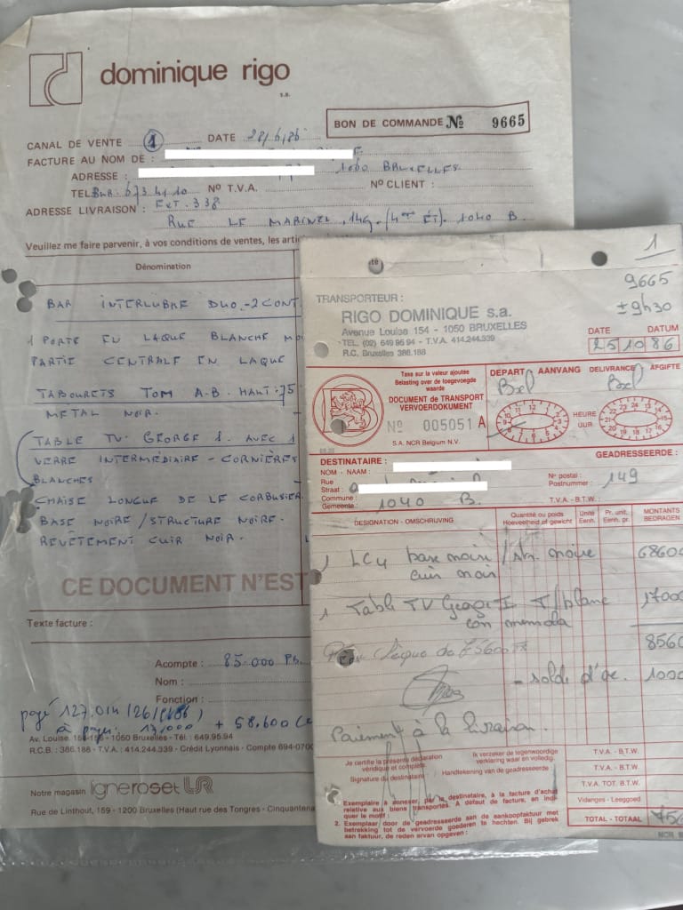 facture originale de Dominique Rigo pour achat LC4 Cassina en 1986